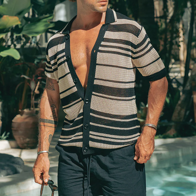 Emilio | Men'S Spring And Summer Fashion Casual Hollow Horizontal Striped Knitted Short-Sleeved Shirt