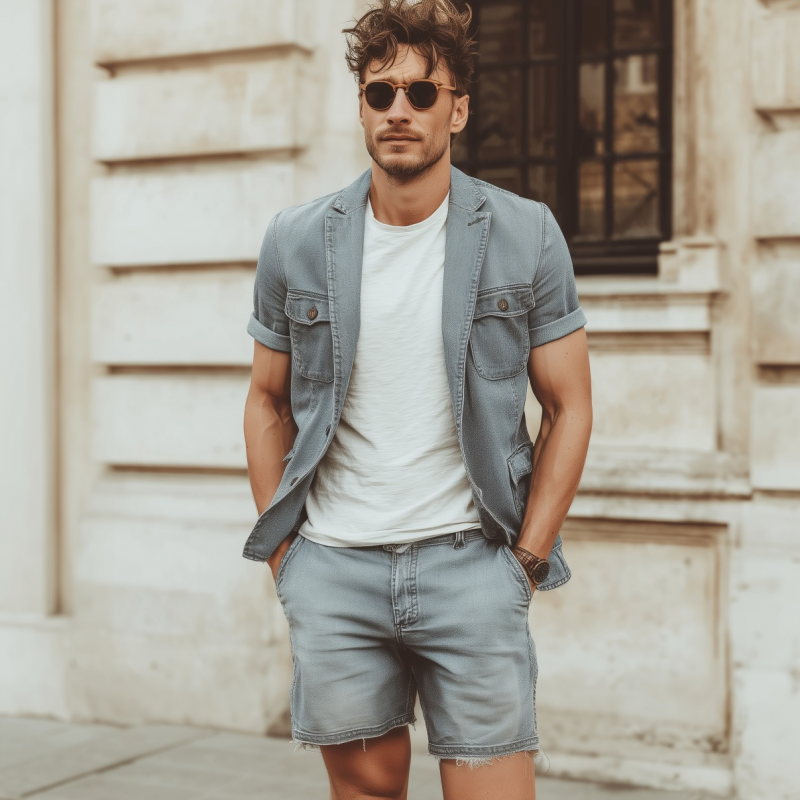 David | Men'S Casual Outdoor Denim Washed Distressed Notched Lapel Multi-Pocket Short-Sleeved Jacket Raw Edge Shorts Set