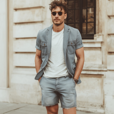 David | Men'S Casual Outdoor Denim Washed Distressed Notched Lapel Multi-Pocket Short-Sleeved Jacket Raw Edge Shorts Set