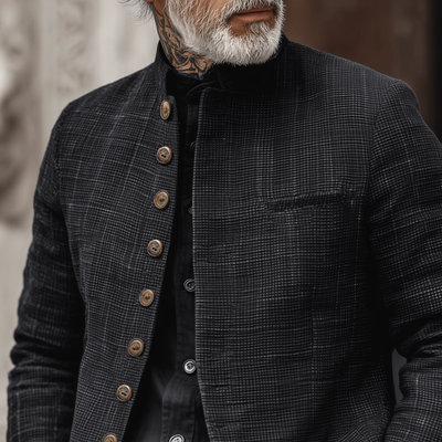 Men's Woven Textred Plaid Stand Collar Single-Breasted Jacket