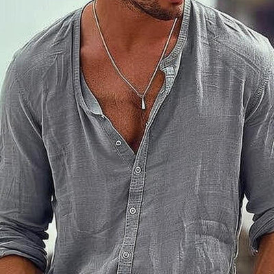 Men's Casal Cotn Linen Stand Collar Single Breasted Long-Sleeved Shirt