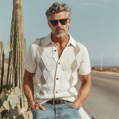 Luther | Men'S Spring And Summer Fashion Retro Slim Fit Knitted Collar Plaid Short-Sleeved Shirt