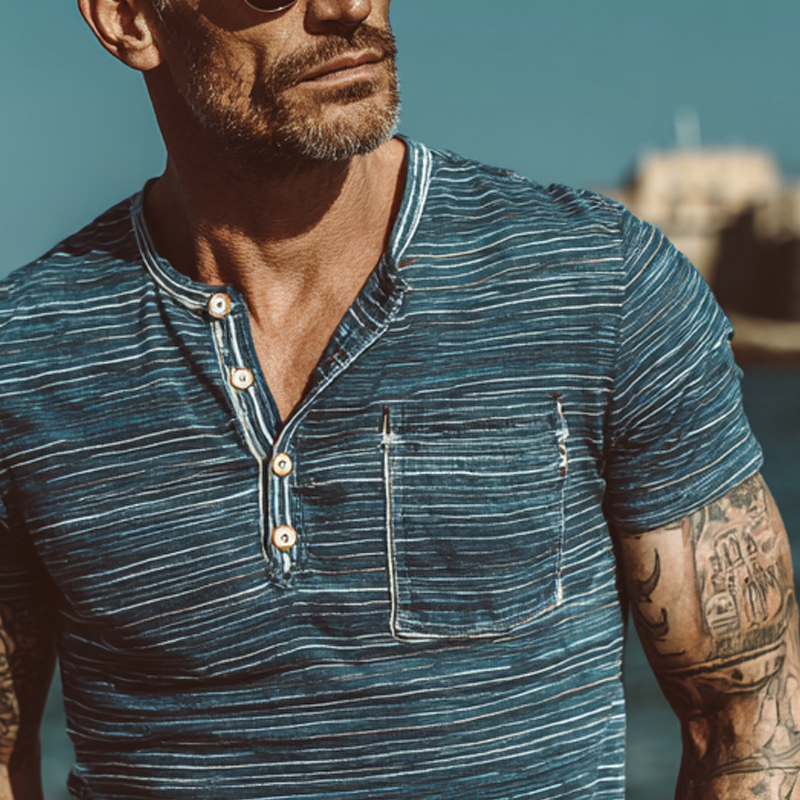 Grant | Men'S Stripe Print Henley Neck Short Sleeve T-Shirt