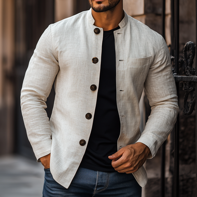 Adrian | Men'S Casual Solid Color Breathable Linen Stand Collar Slim Fit Long Sleeve Shirt Jacket