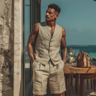 Tyrell | Men'S Casual Breathable Solid Color Cotton Linen Notched Lapel Single-Breasted Slim-Fit Suit Vest Shorts Set