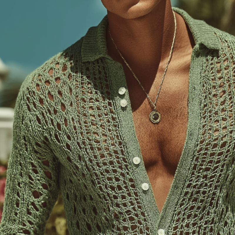 Men's Retro Casal Hollownit Lapel Long Sleeve Shirt