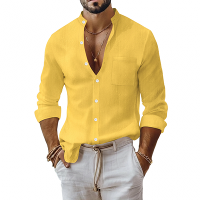 Rufus | Men'S Casual Breathable Solid Color Cotton Linen Stand-Up Collar Patch Pocket Slim Fit Long Sleeve Shirt