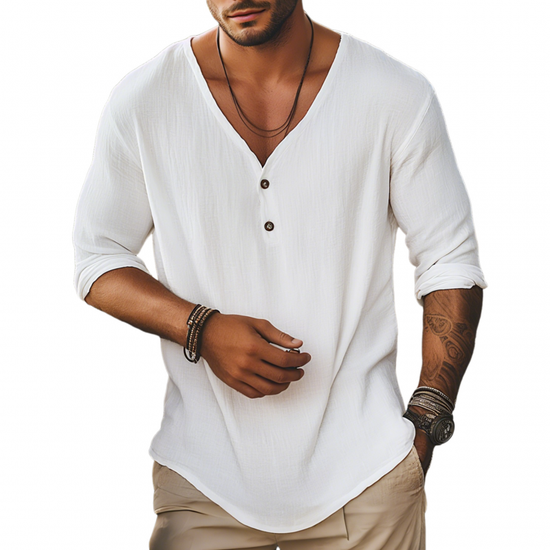 Anthony | Men'S Casual Solid Color Breathable Cotton Linen V-Neck Loose Long-Sleeved T-Shirt