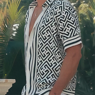 Men's Smmer Casal Tencel Cotn Printed Lapel Short Sleeve ShirtK