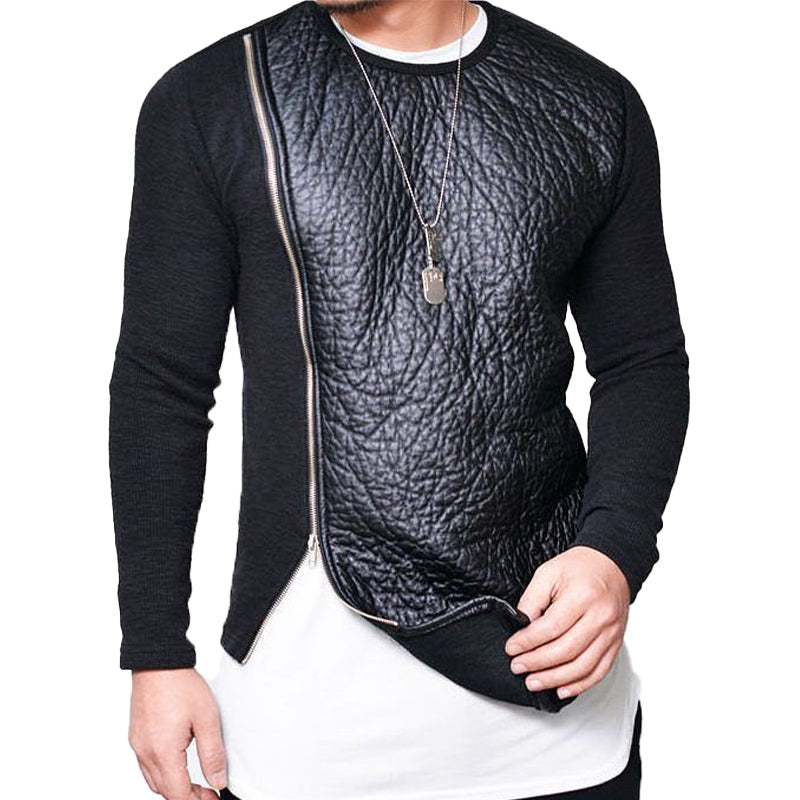 Men's Fax Leather Stitchingip-p Rond Neck Long-sleeved T-shirt（Internal T-shirt not inclded)
