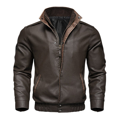 Men's Vine Doble Collar Leather Long Sleeveip Fly Bomber Jacket