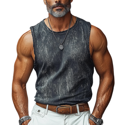 Jed | Men'S Vintage Crew Neck Printed Raw Edge Sleeveless Tank Tops
