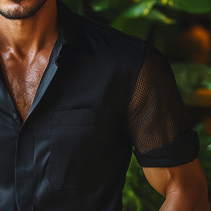 Jacob | Men'S Solid Color Mesh Short Sleeve Stitching Lapel Shirt