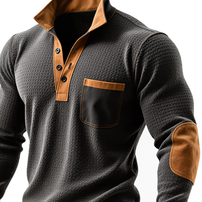 Amaru® | Men's Retro Western Cowboy Style Stitching Faux Suede Lapel Long Sleeve Polo Shirt MTA0907J5X