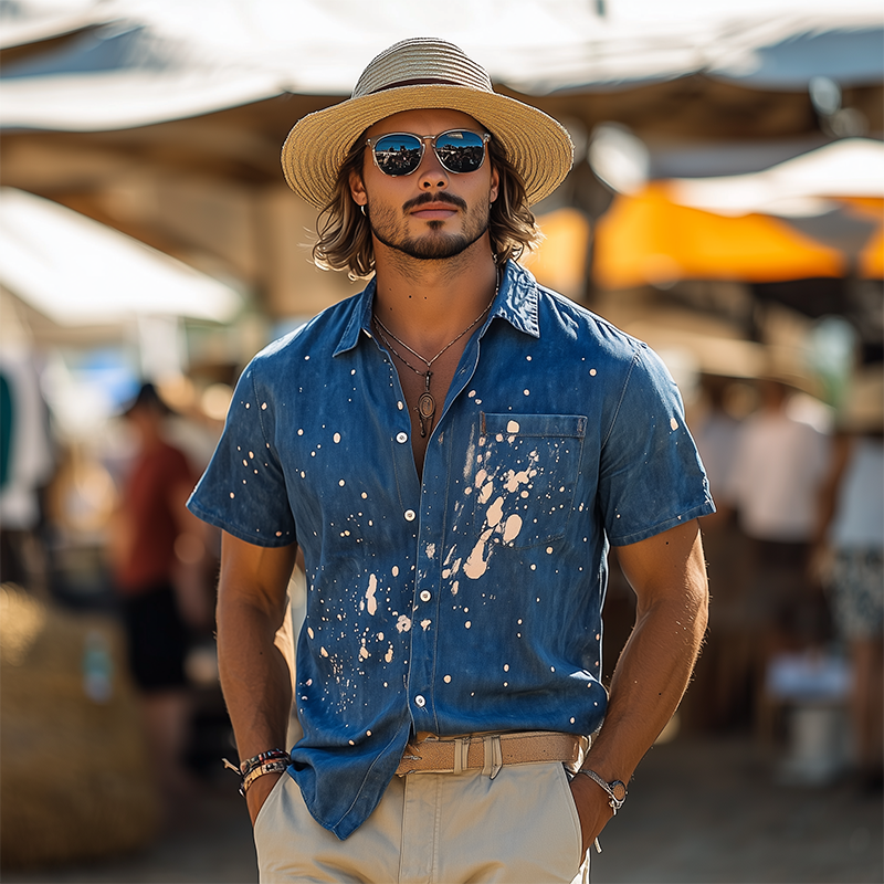 Israel | Men'S Spring And Summer Fashion Casual Washed Denim Personality Ink-Splashed Short-Sleeved Shirt