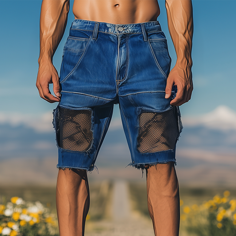 Israel | Men'S Spring And Summer Fashion Casual Denim Washed Splicing Mesh Shorts