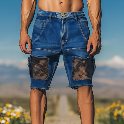 Israel | Men'S Spring And Summer Fashion Casual Denim Washed Splicing Mesh Shorts