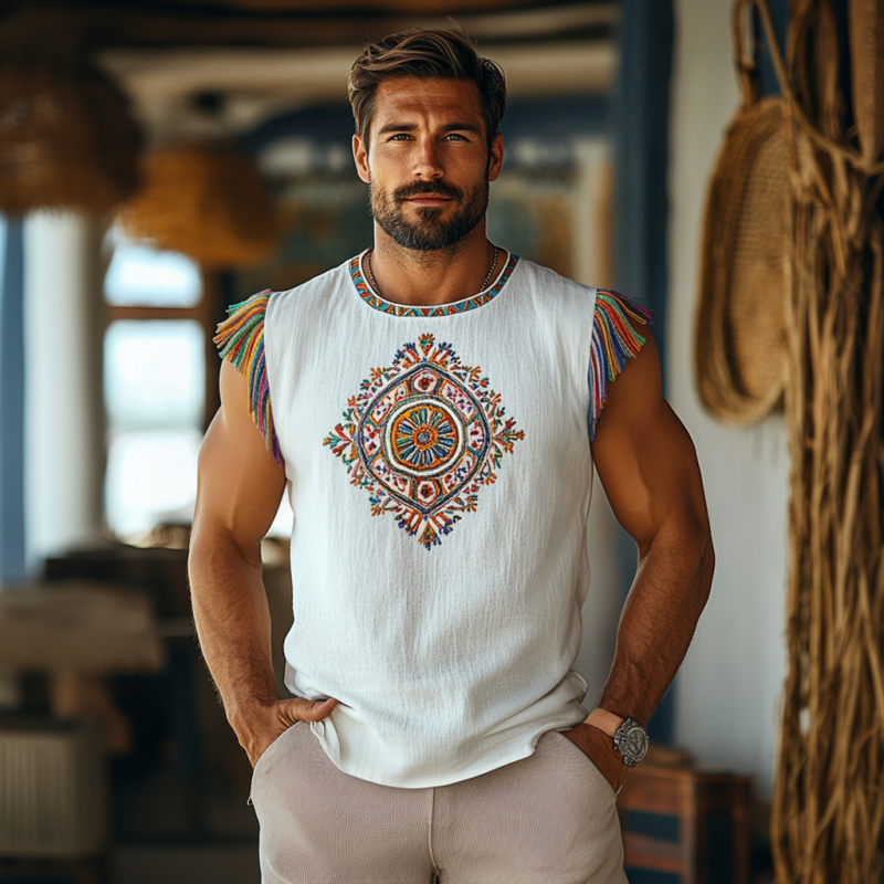 Donald | Men'S Bohemian Embroidered Tassel Cotton Linen Round Neck Slim Fit Tank Top
