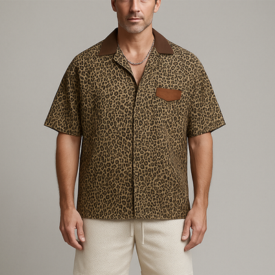 Tony | Men'S Summer Fashion Leopard Print Cotton Blend Short Sleeve Shirt