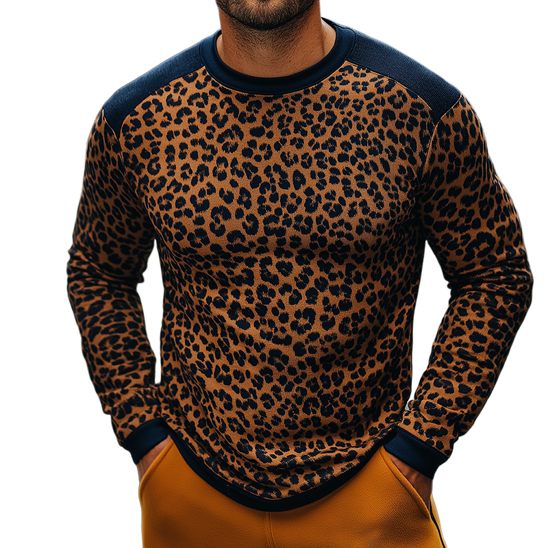 Anthony | Men'S Retro Casual Leopard Print Colorblock Round Neck Long Sleeve T-Shirt