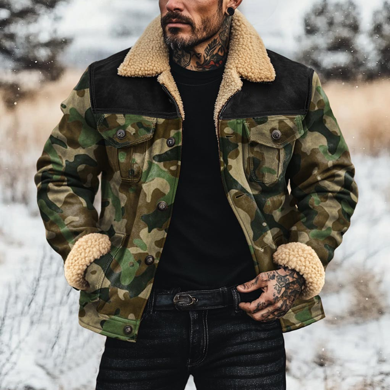 Men's Fleece Lapel Camoflage Sede Single Breasted Jacket