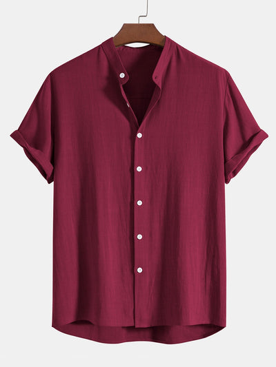 Ahab® | Linen And Rayon Blend Stand Collar Shirt & Linen Cotton Blend Drawstring Shorts