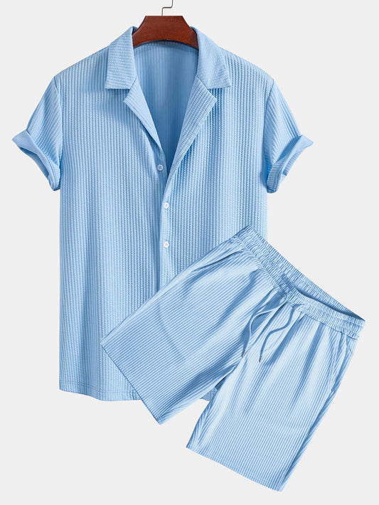 Arnaldo® | Muscle Fit Ribbed Deep Cuban Shirt & Drawstring Ribbed Shorts