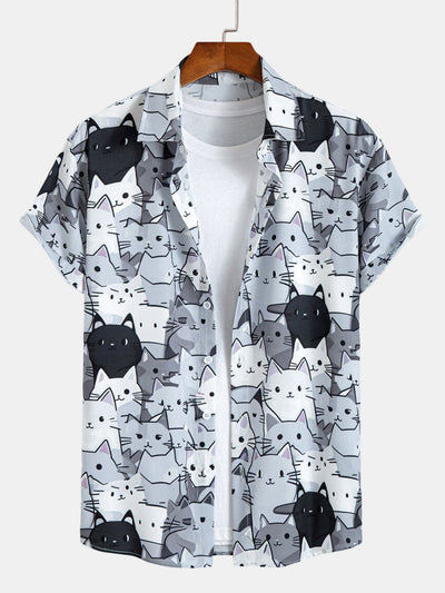 Imran® | Cartoon Cat Print Button Up Shirt & Drawstring Swim Shorts