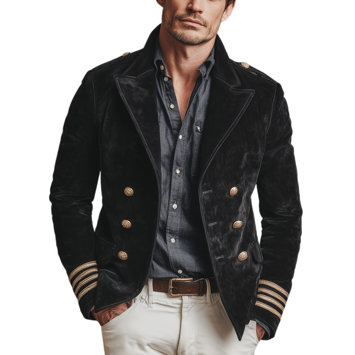 Men's Classic Retro Lapel Doble-breasted Epalette Fax Velvet Jacket