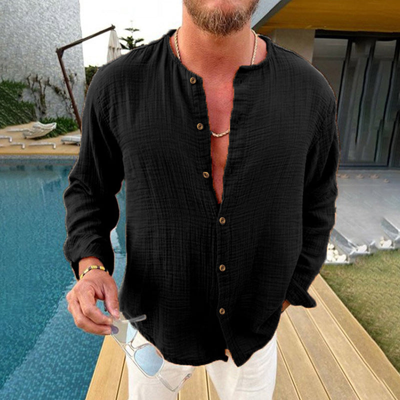 Men's Cotn and Linen Solid Color Long-sleeved Shirt