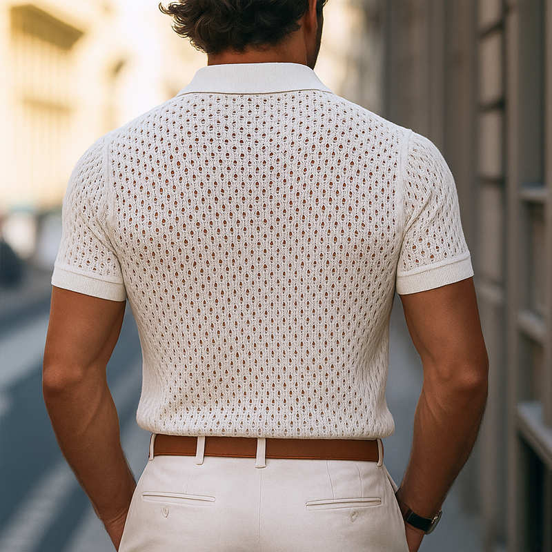 Marco | Men'S Solid Hollow Out Plaid Knit Lapel Short Sleeve Polo Shirt