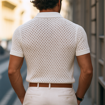 Marco | Men'S Solid Hollow Out Plaid Knit Lapel Short Sleeve Polo Shirt