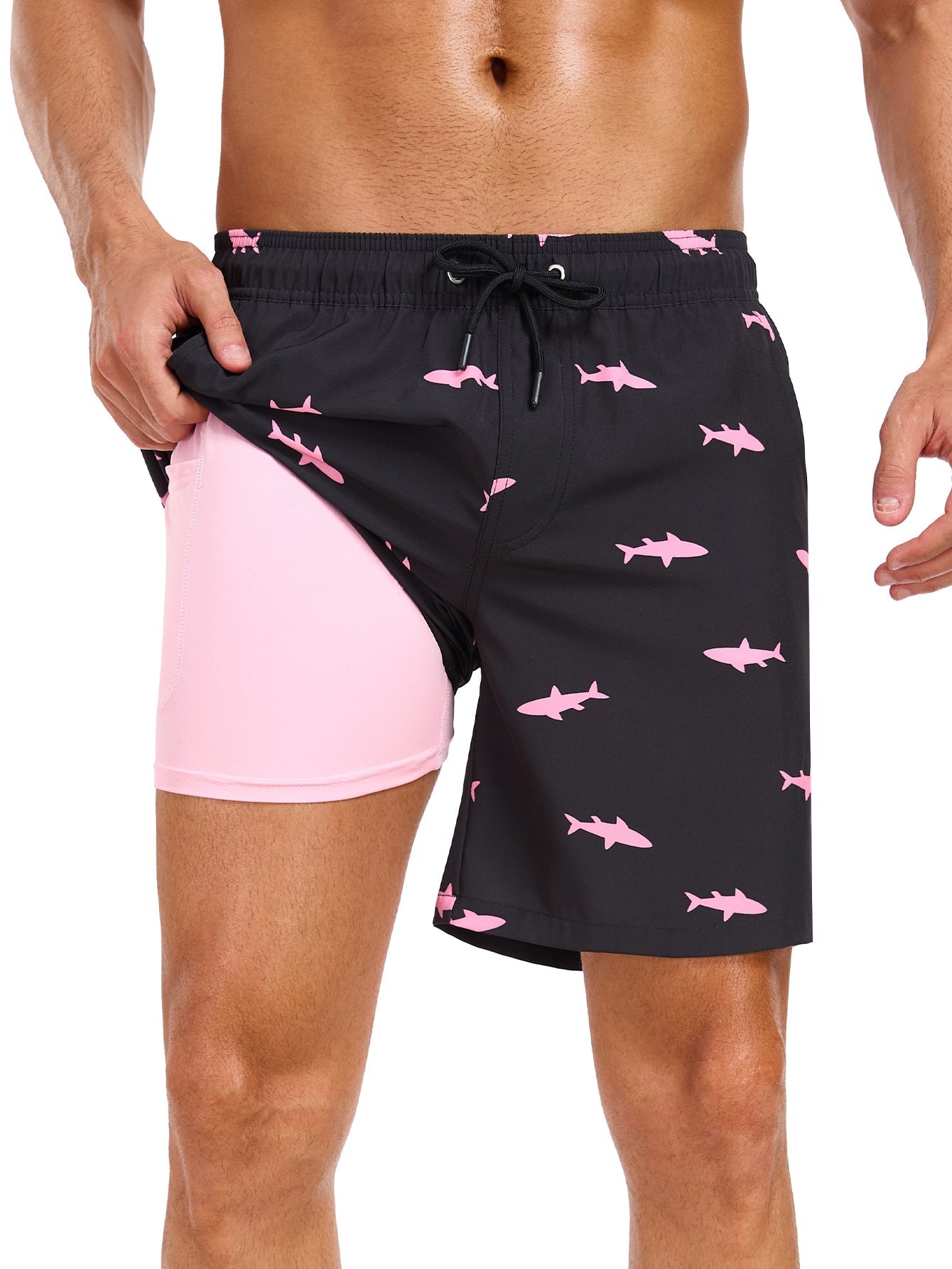 Acisclo® | 2 In 1 Pink Shark Print Swim Shorts