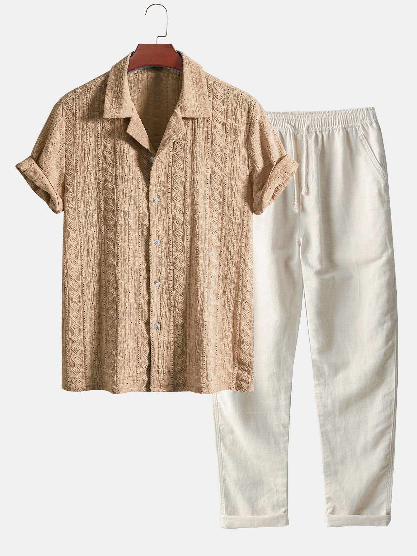 Afan® | Geometric Jacquard Textured Cuban Shirt & Straight Leg Linen Pants