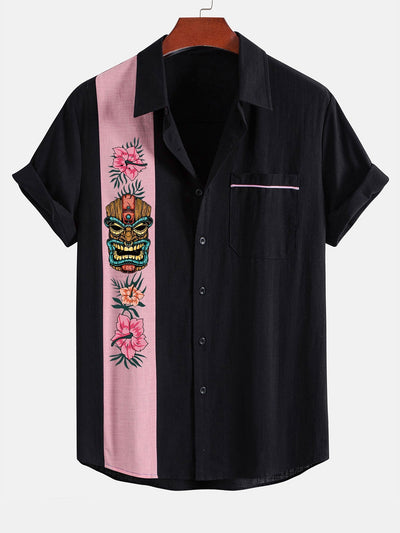 Lázaro® | Tiki Tribe Hawaii Print Linen Look Contrast Button Up Shirt