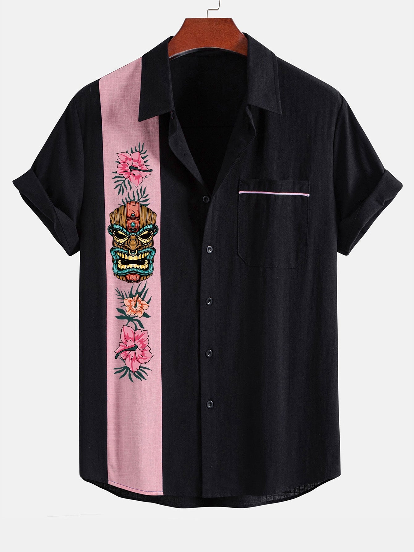 Arnuadt® | Tiki Tribe Hawaii Print Linen Look Contrast Button Up Shirt