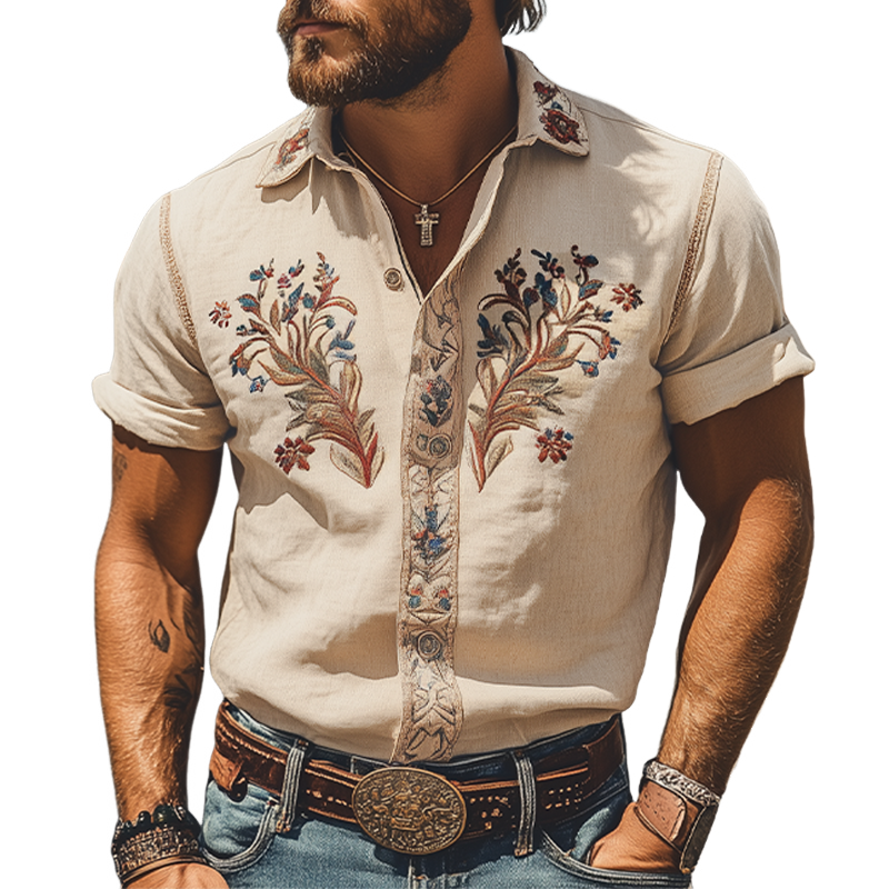 Men's Smmer Fashion Classic Retro Western Style Embroidered Cotn and Linen Short Sleeve Shirt