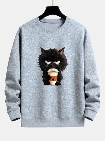 Camilo® | Black Cat Halloween Coffee Print Relax Fit Sweatshirt