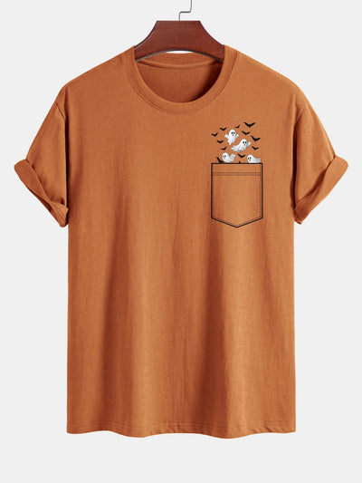 Barnaby® | Regular Fit Pocket Bat Ghost Print Cotton T-Shirt