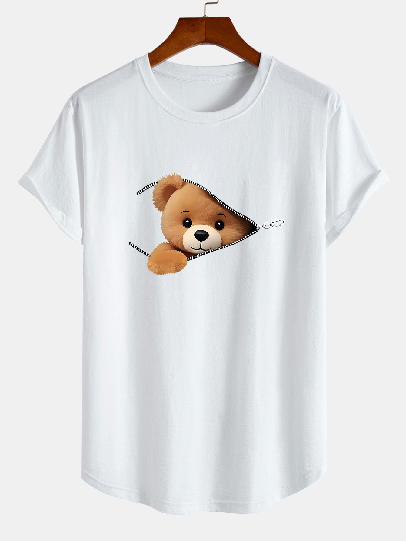 Gustavo® | Zipper Bear Print Cotton Arc Hem T-Shirt