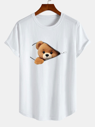 Gustavo® | Zipper Bear Print Cotton Arc Hem T-Shirt