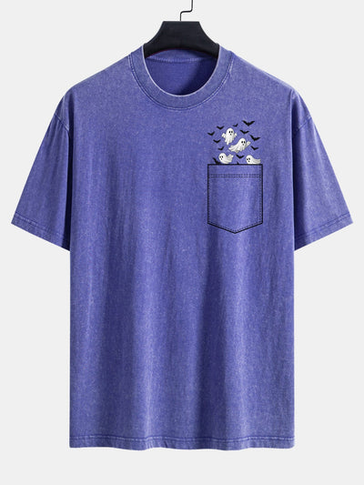 Bardo® | Pocket Bat Ghost Print Washed Distressed Drop Shoulder T-Shirt