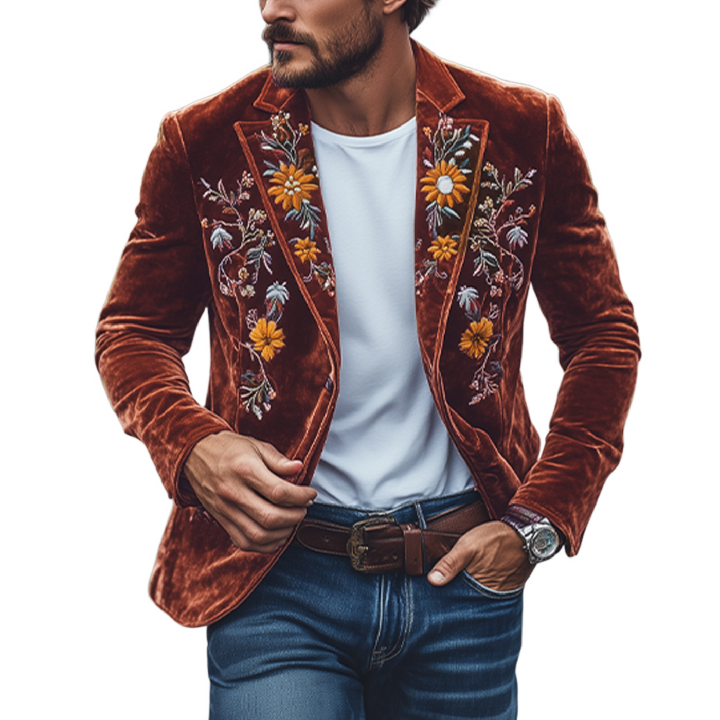 Men's Classic Retro SliFit Single Breasted Fax Velvet Embroidered Blazer