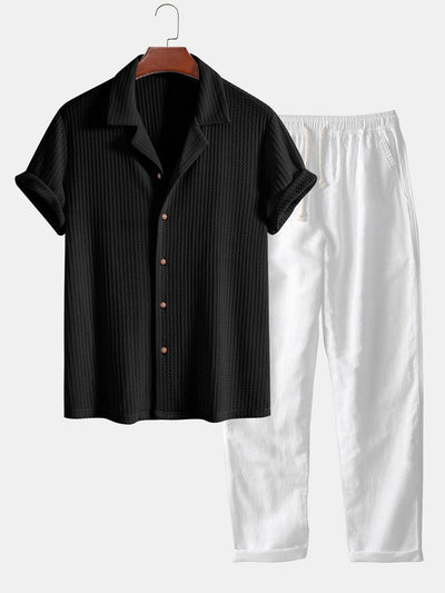 Adlai® | Short Sleeve Knitted Waffle Cuban Shirt & Straight Leg Linen Pants
