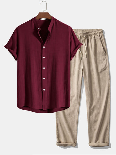 Donato® | Linen And Rayon Blend Stand Collar Shirt & Wrinkle Textured Straight Leg Pants