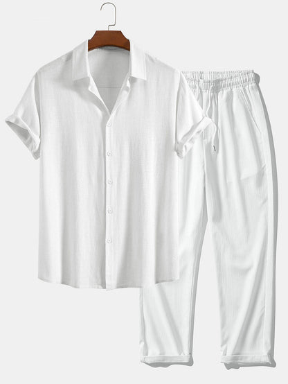 Jeremías® | Linen Rayon Blend Button Up Shirt & Wrinkle Textured Straight Leg Pants