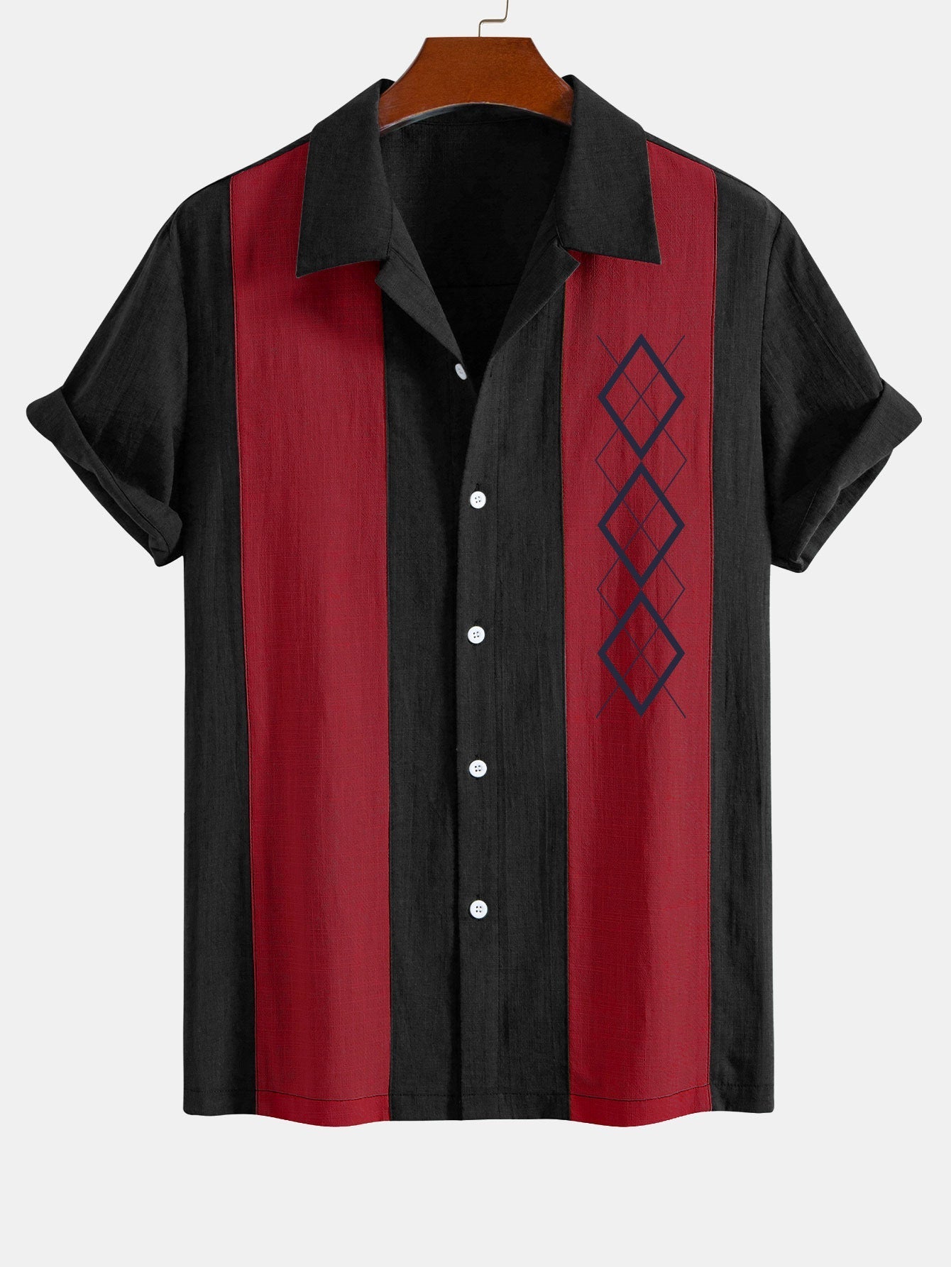 Amparo® | Geometric Rhombus Print Linen Look Patchwork Bowling Shirt