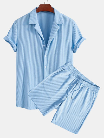 Juan® | Muscle Fit Ribbed Deep Cuban Shirt & Drawstring Ribbed Shorts
