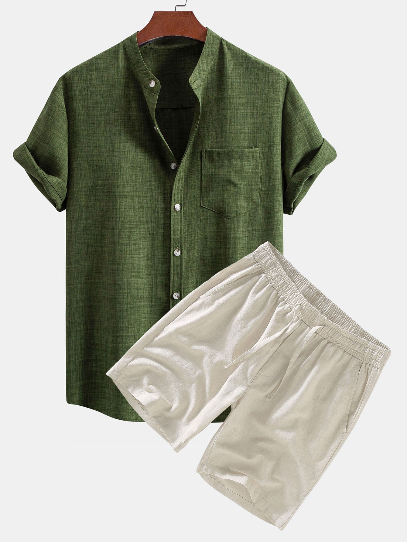 Agustin® | Short Sleeve Stand Collar Shirt & Linen Drawstring Shorts