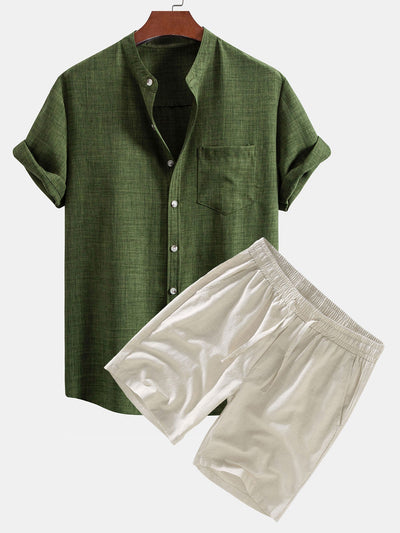 Agustin® | Short Sleeve Stand Collar Shirt & Linen Drawstring Shorts